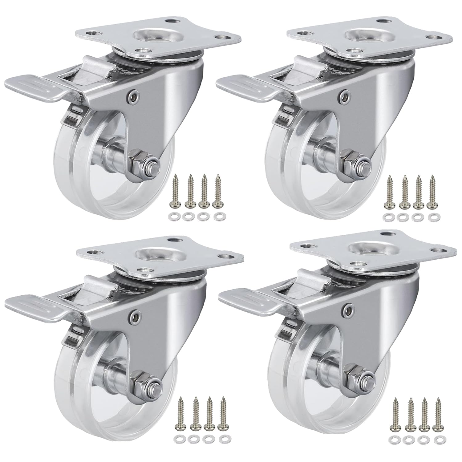 2 inch Crystal Clear Caster Wheels with Brake, Stainless Steel Housing--Rust Resistant Waterproof, Swivel Castors Set of 4 for Outdoor, Furnitures, Labs, Hospitals, Restaurants