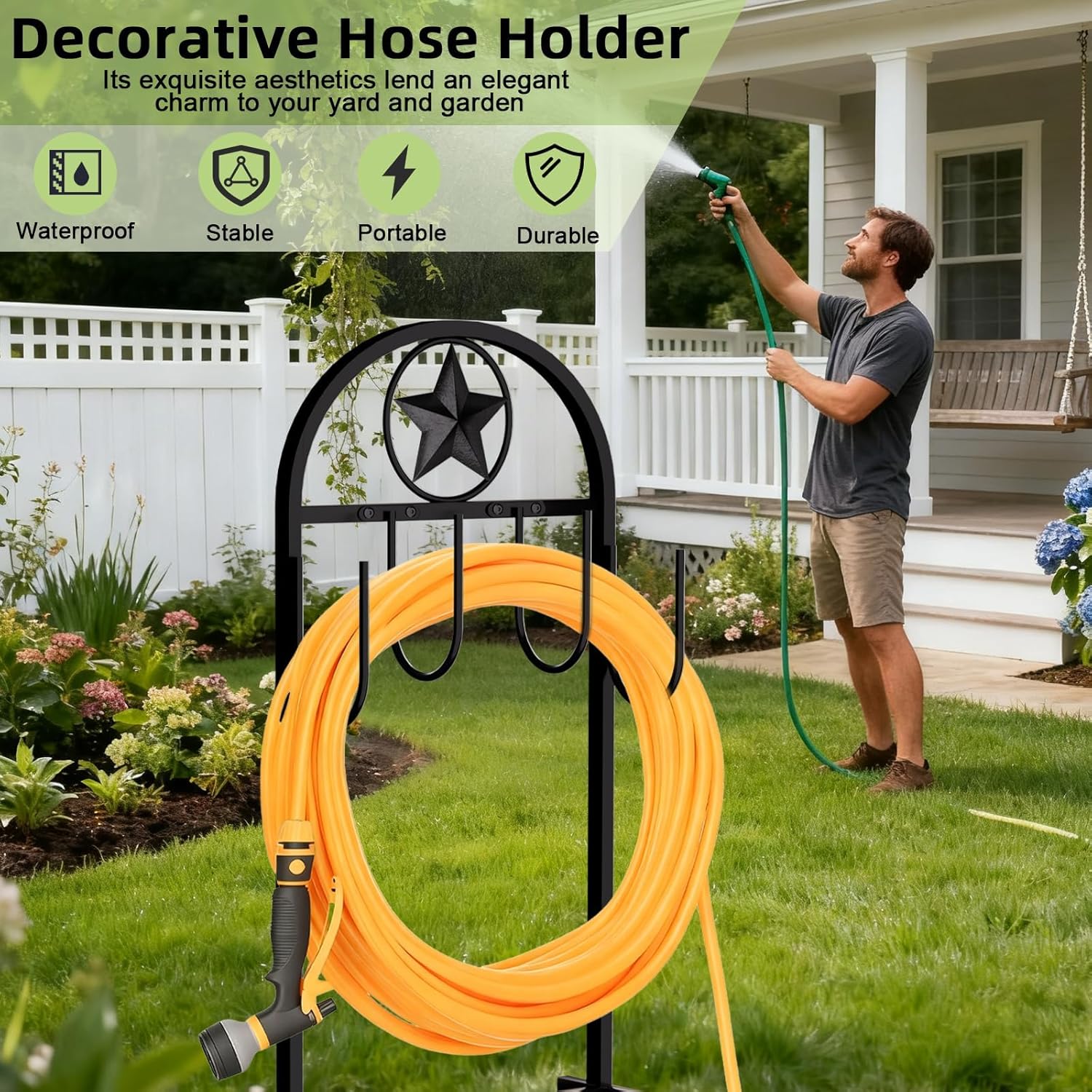 Garden Hose Holder - Upgraded Sturdy Hose Pentagram Holder, 2 Pack Freestanding Heavy-Duty Hose Hanger, Sturdy Water Hose Stand and Hose Storage for Outside, Lawns and Yards,Black