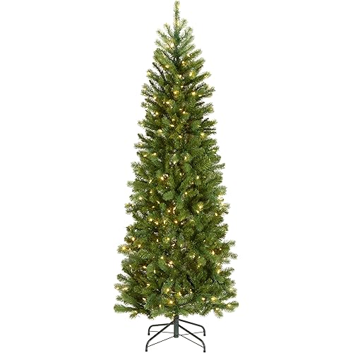 National Tree Company 6.5 ft Pre-Lit Downswept Douglas Fir Slim Artificial Christmas Tree, 300 LED Lights, 640 Tips, PowerConnect, Foot Pedal, 10 Light Functions, Includes Stand, Green