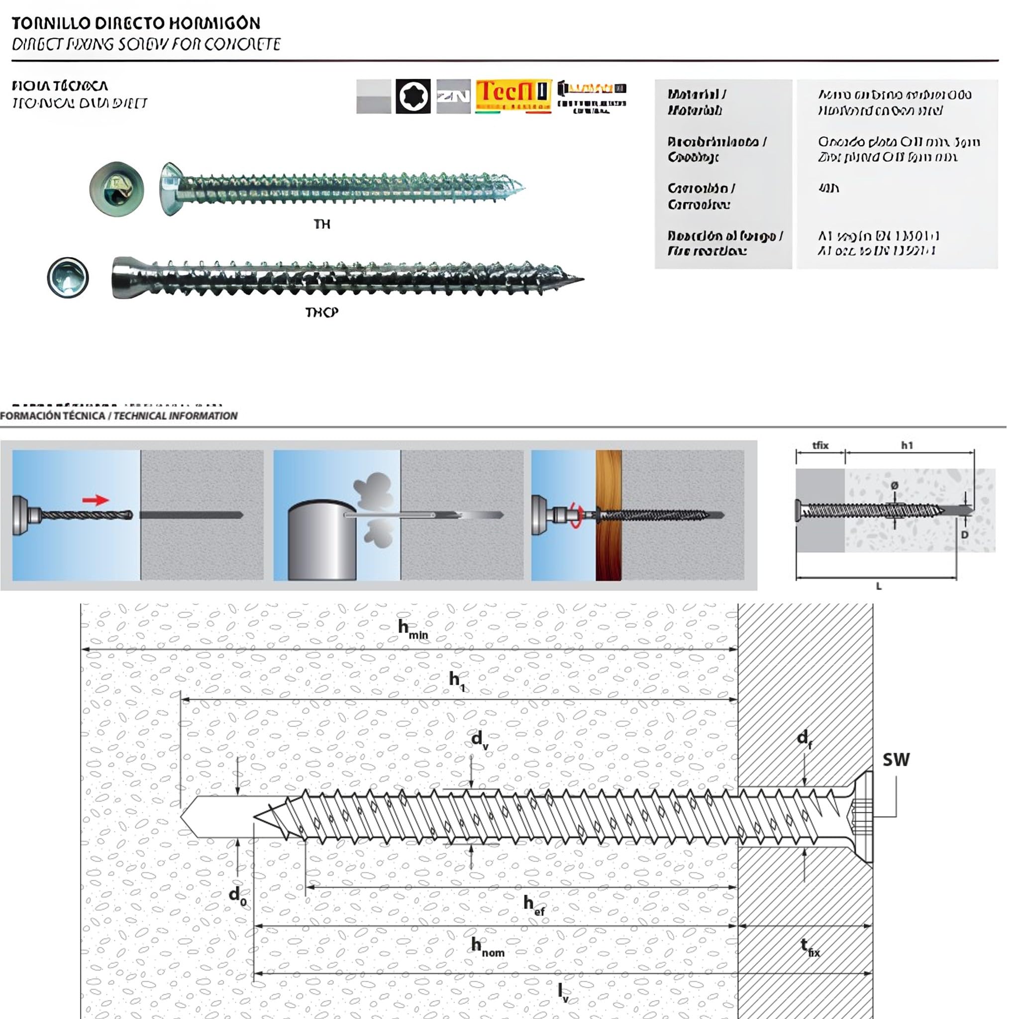 Bricoloco Tornillo para fijación directa al hormigón con cabeza avellanada, rosca Hi-Lo y huellaTX. Tornillo directo hormigón Acero cementado cincado. (100, 7,5x135mm)