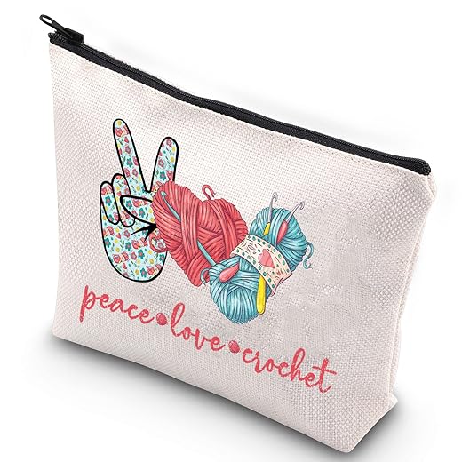 WZMPA Crocheting Lover Cosmetic Bag Crochet Gifts Peace Love Crochet Makeup Zipper Pouch Bag For Women Girls (Peace Crochet)
