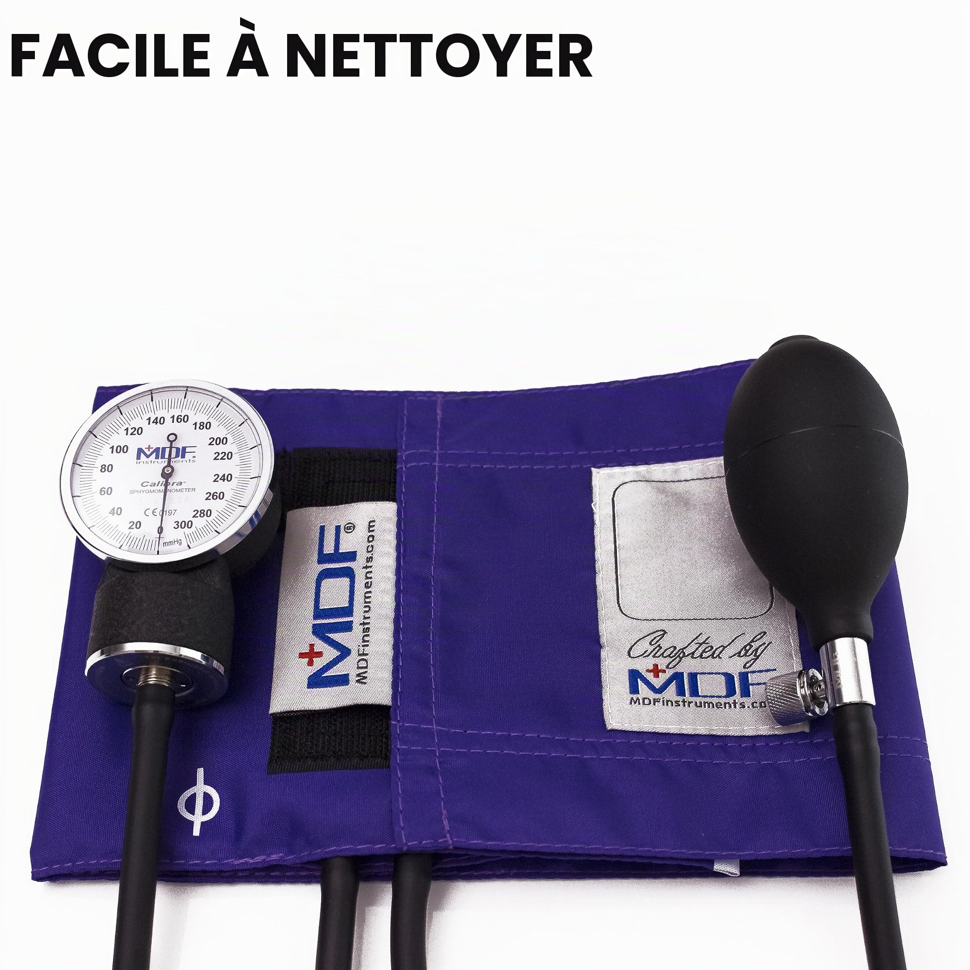 MDF Instruments, tensiomètre anéroïde professionnel haut de gamme Calibra, tensiomètre avec brassard pour adulte et étui de transport, cadran blanc, brassard violet, MDF808M08