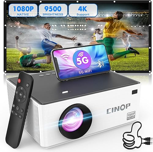 Cinop 1080P Native 4K - Mini proyector Bluetooth WiFi 5G 9500L portátil al aire libre compatible con corrección Keystone 4P4D TV Stick DVD HDMI USB