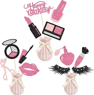 12Pcs Glitter Makeup Centerpiece Sticks Spa Makeup Birthday Party Decorations for Table Cosmetics Lipstick Eyelashes Perfume Theme Centerpieces for Girls Women Birthday Party Bridal Shower Supplies