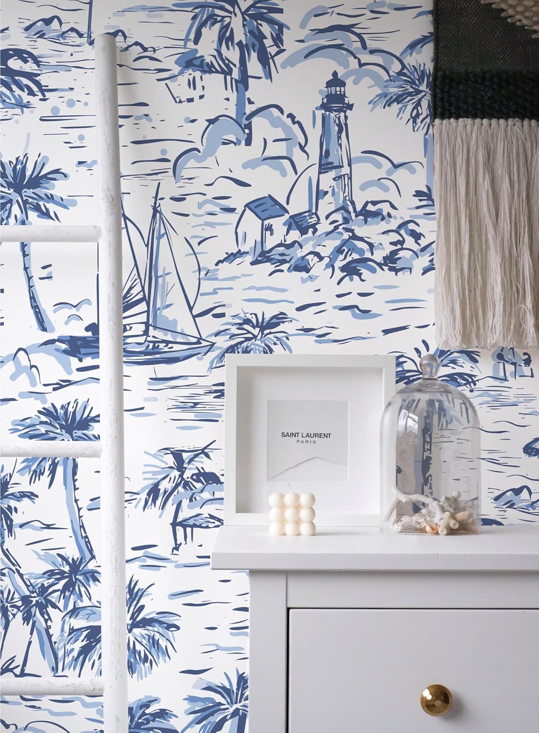 Navy Nautical Peel and Stick Wallpaper Toile Wallpaper for Bathroom French Vintage Contact Paper for Bedroom Walls Backdrop Cabinet Home Decor 17.3"x118" (Blue, 17.3"x118")