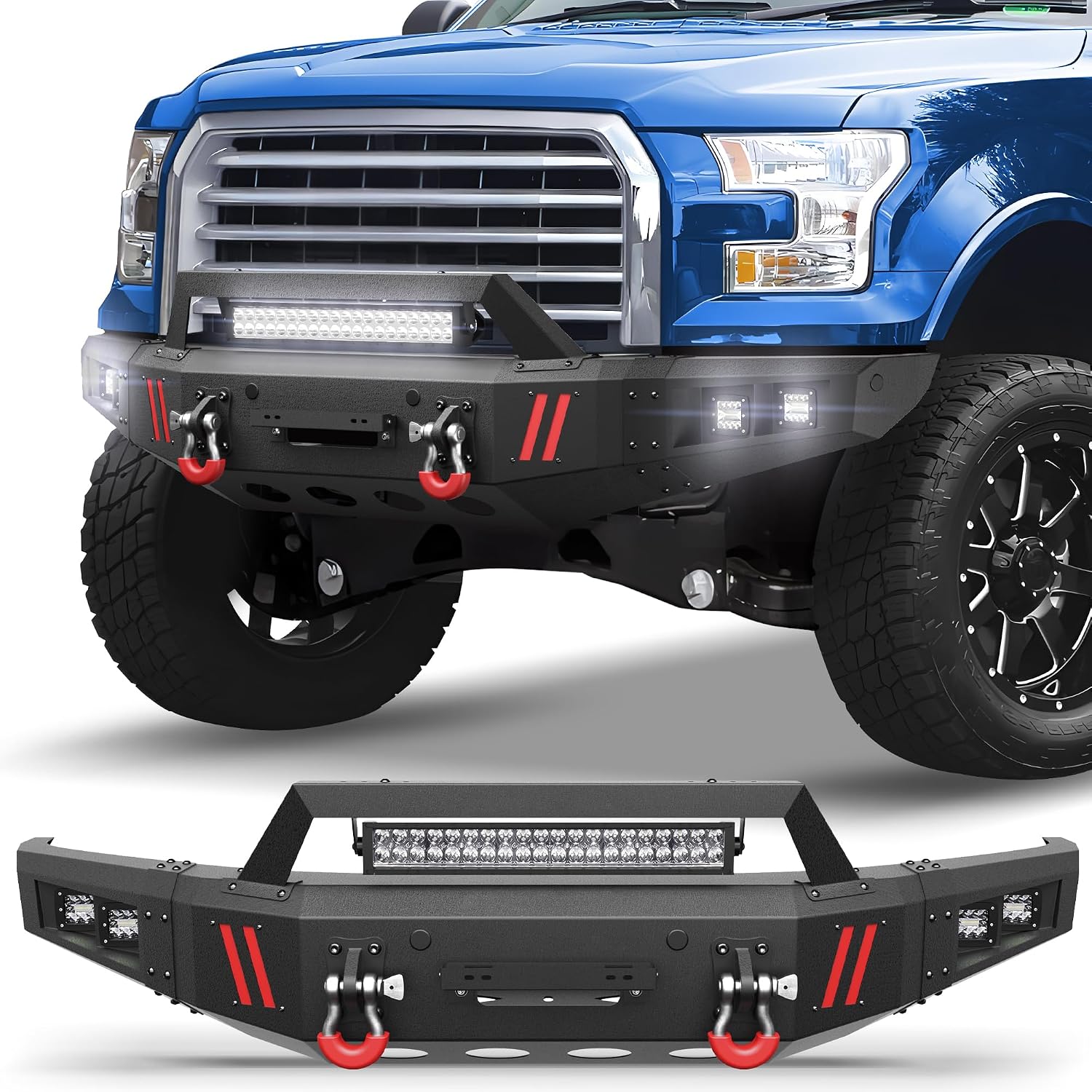 Front Bumper Bar w/Winch Plate, for Ford F150 2015 2016 2017 (Excluding Raptor & Ecoboost), Textured Black Offroad Pickup Bumper with Lights, D-rings, License Plate Plate and Sensor Holes