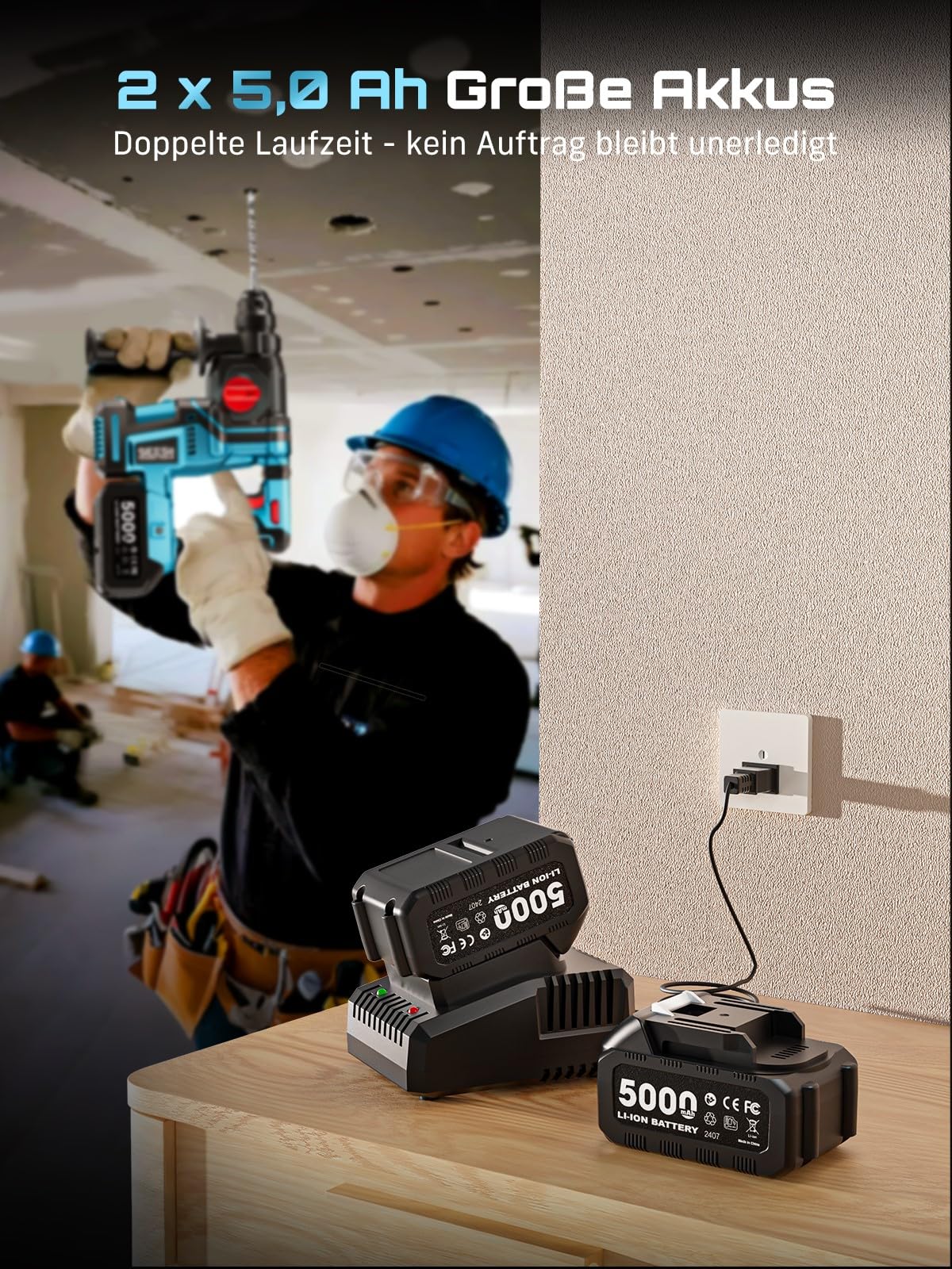 SEESII 3-in-1 Akku Bohrhammer SDS-Plus: Bohren, Hammerbohren, Meißeln mit 2 * 5,0Ah Akkus & Ladegerät, LED-Lampe, 900W Bürstenloser Motor, 2,3J Schlagbohrmaschine für Heimwerker und DIY-Projekte