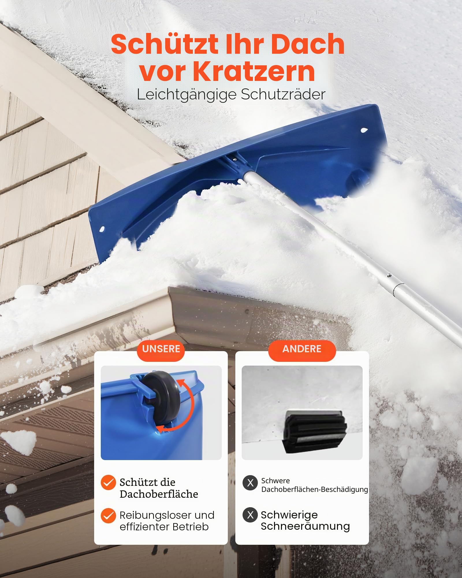 VEVOR Schneedachrechen, 60 cm Klinge aus PP, 118–555 mm Verstellbarer Schneeschieber mit Rädern, Schneeräumwerkzeug mit rutschfestem Griff, Hausdachrechen zum Entfernen von Laub & Schnee