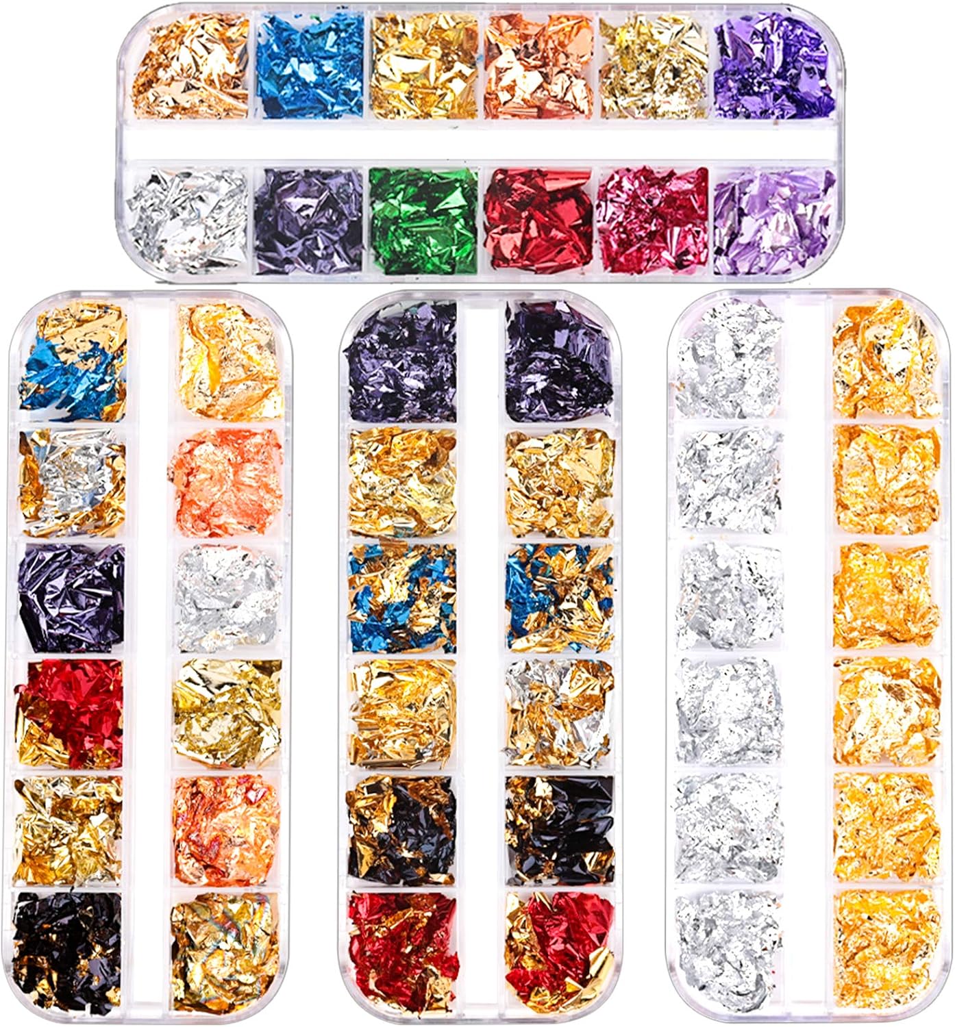4 Boxes 48 Colors Foil Nail Chip Glitter, FANDAMEI Mixed Color Nail Foil Paillette, Nail Foil Flakes for Nail Art Decoration. Holographic Nail Foil Sequins for Nail DIY, Makeup, Graft.