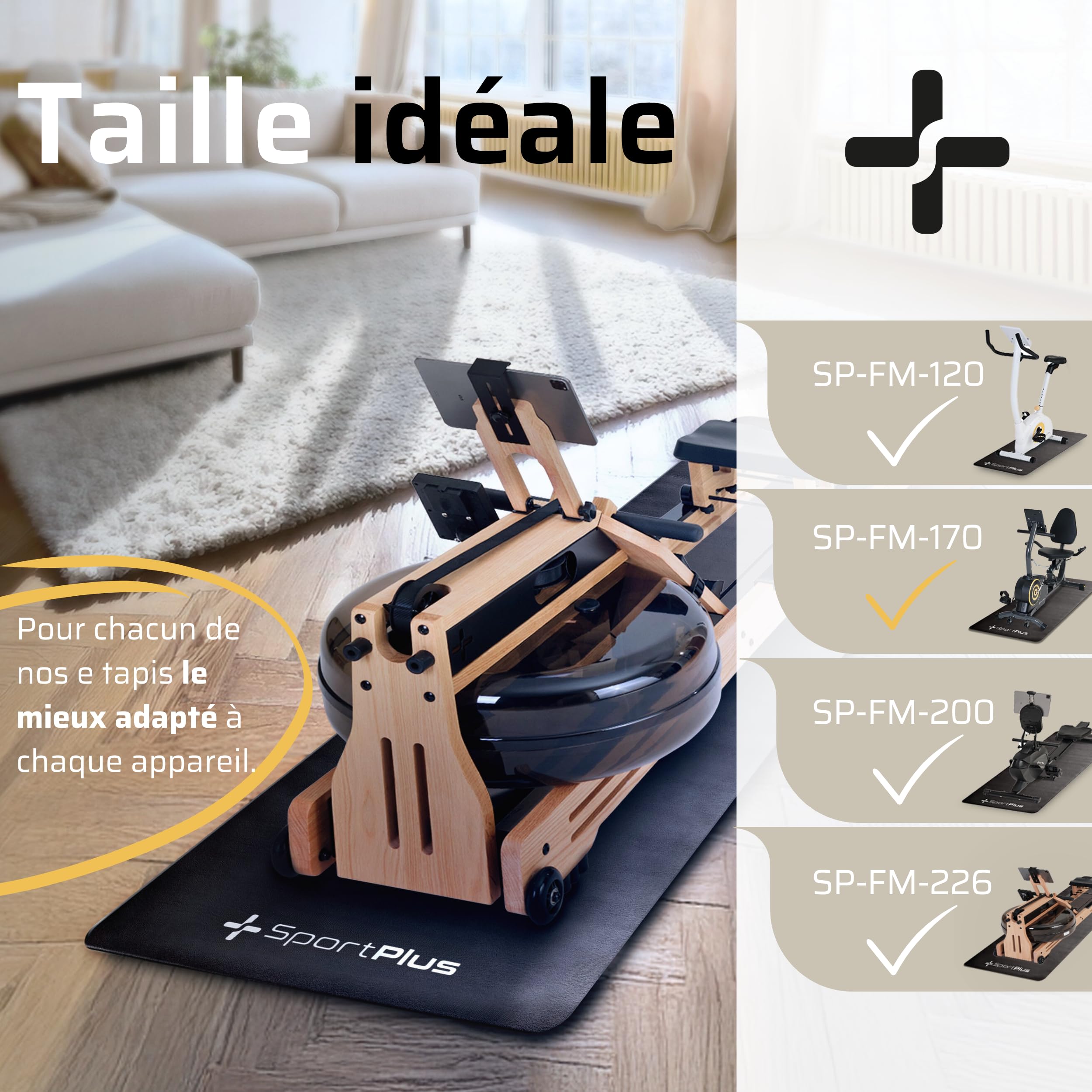 SportPlus Tapis de Protection du Sol pour Vélos d'Appartement, Elliptiques, Rameurs, Tapis de Course, Stations de Musculation, Résistant