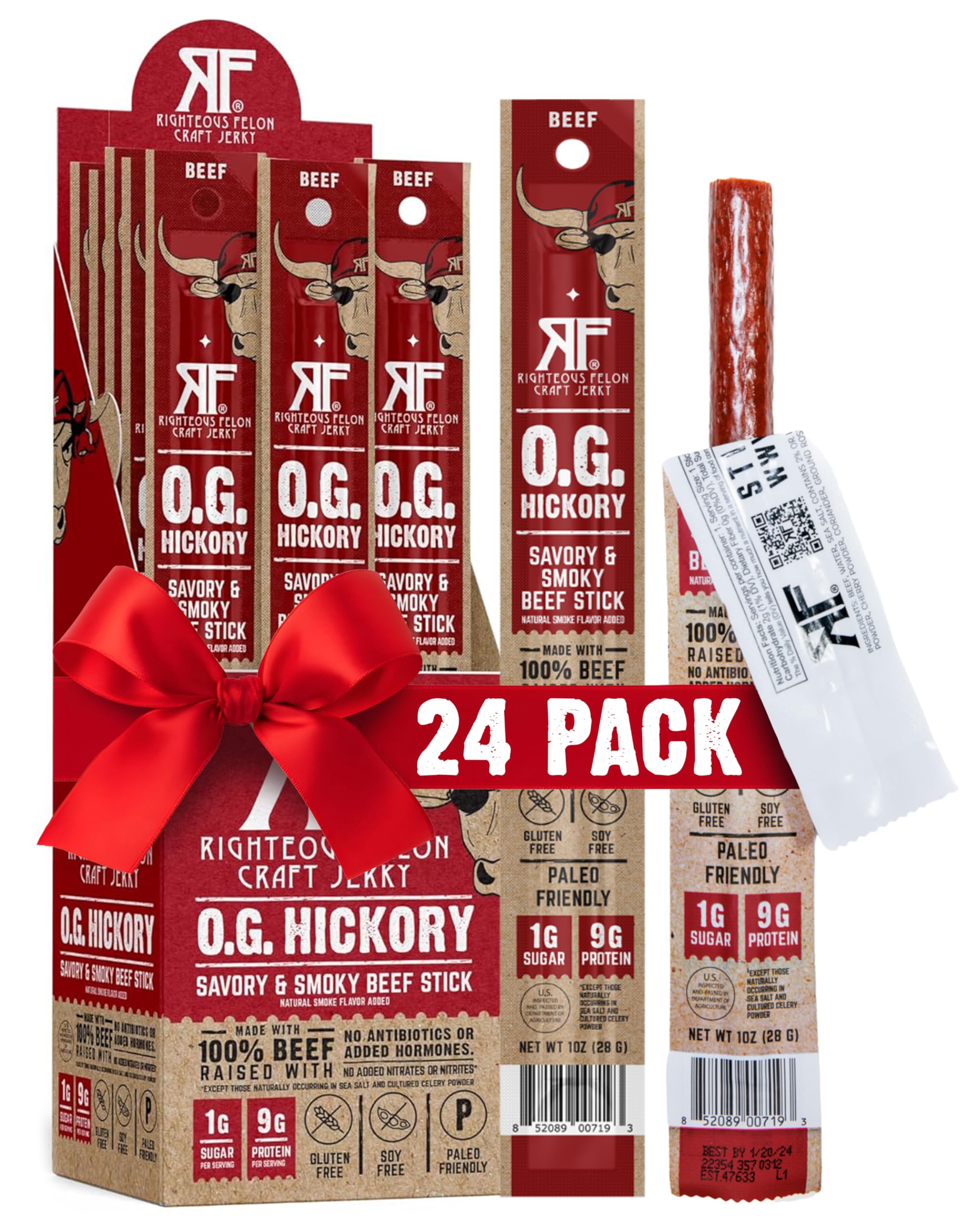 Righteous Felon Meat Sticks | 100% Beef Sticks | Gluten Free & Keto Meat Sticks | Low Sugar & High Protein Beef Sticks | Healthy Snack for Adults | Jerky Gifts for Men | OG Hickory, 24 Pack