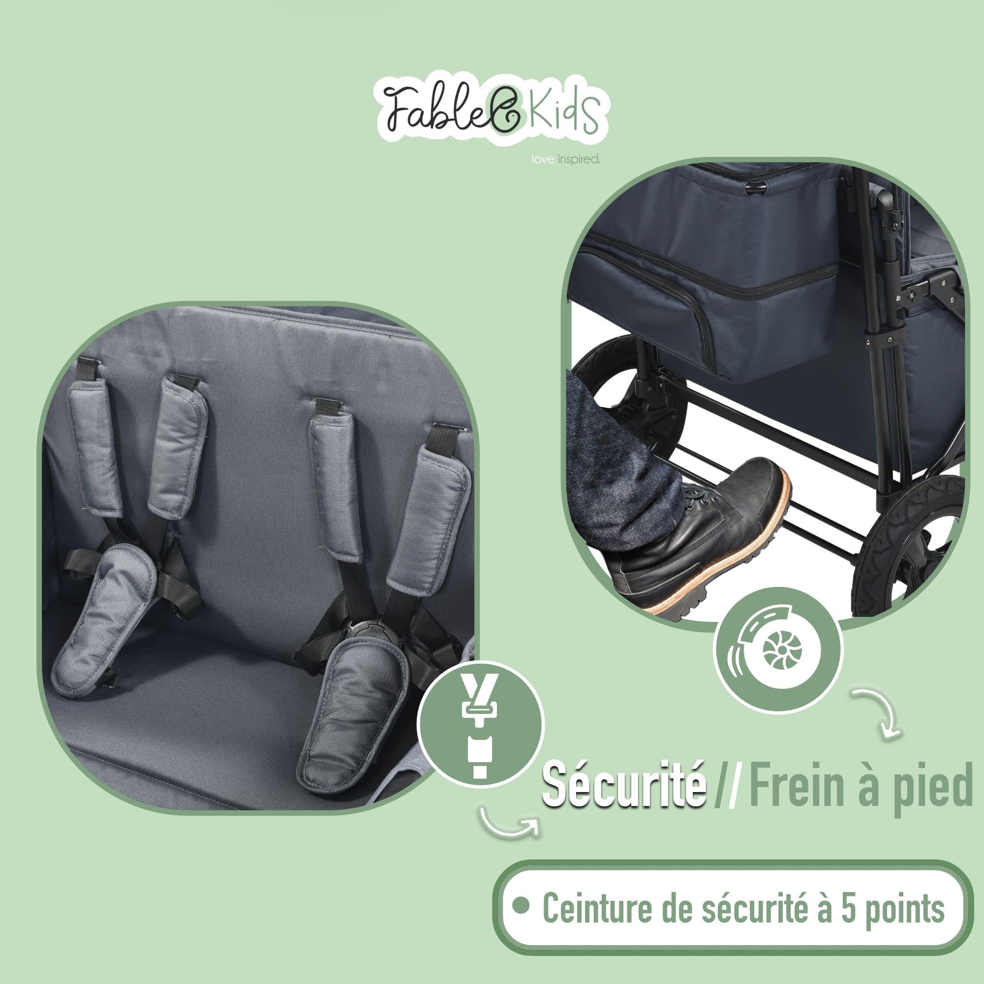 FableKids Chariot à pédales Leo X4Plus avec Toit | Chariot de Transport Pliable | 4X Harnais à 5 Points | Roues Tout Terrain 360° | Frein à Pied | Oxford 600D| Filets d'aération | Blueberry Blue
