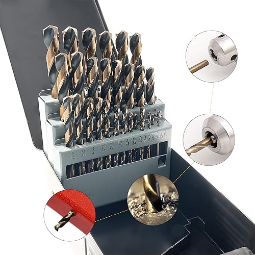 Miniatura 6 de GMTOOLS Juego de 29 brocas de acero de alta velocidad con punta de 135 grados con acabado negro y dorado, kit de brocas de longitud de trabajo