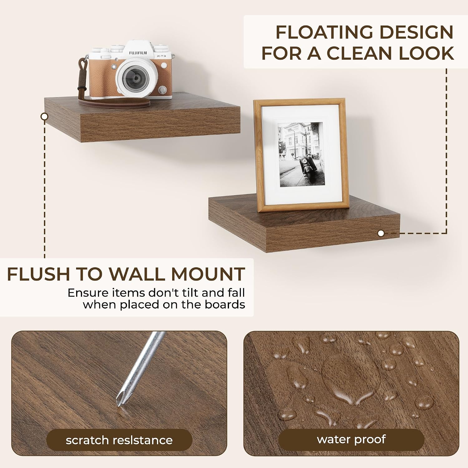 RICHFOCUS 8Inch Square Floating Shelves for Wall 4Pack|Walnut image 4