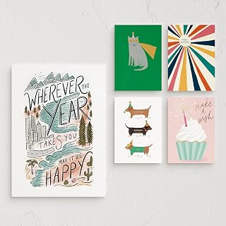 Minted Birthday Greeting Cards Pack, Set of 5, Birthday Cards Variety Pack, Stylish & Curated Folded Happy Birthday Cards with Envelopes, Blank & Messages Inside, Designed by Independent Artists