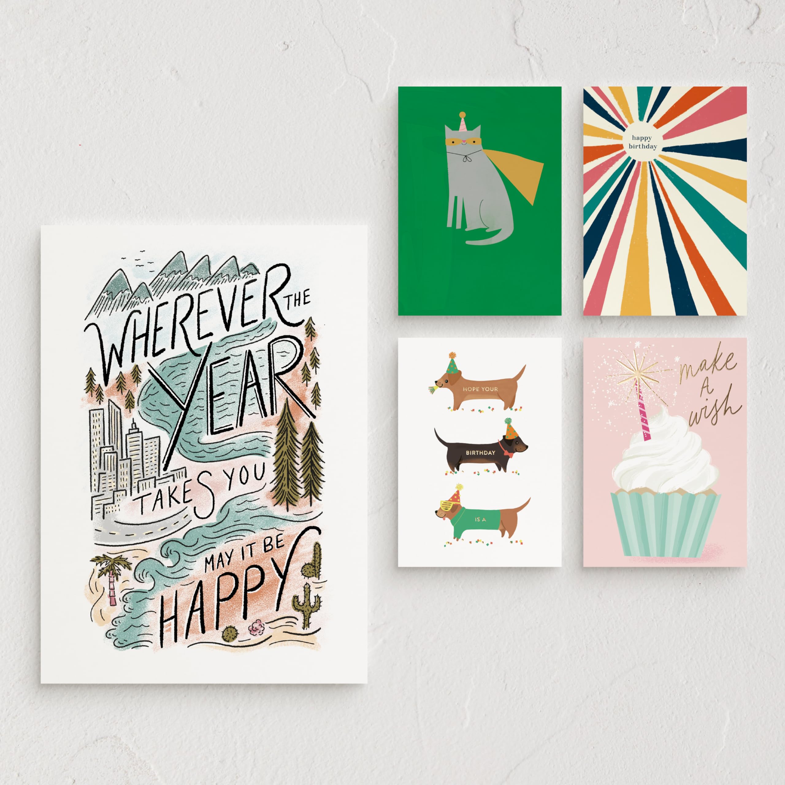 Minted Birthday Greeting Cards Pack, Set of 5, Birthday Cards Variety Pack, Stylish & Curated Folded Happy Birthday Cards with Envelopes, Blank &