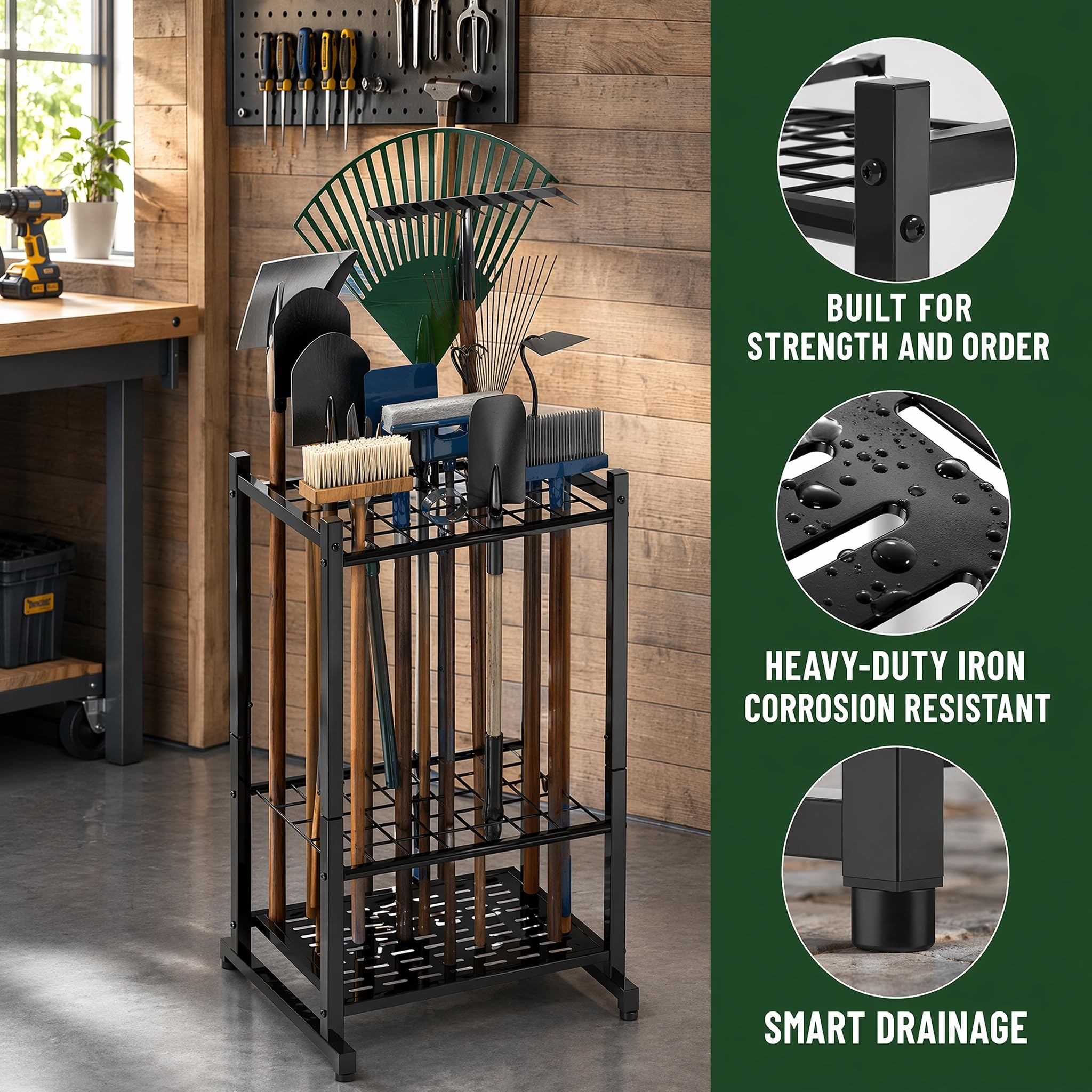 Supporto stabile per attrezzi da giardino, per fino a 35 attrezzi, robusto, nero, compatto, per garage, capanno da giardino, 43 x 30 x 74 cm