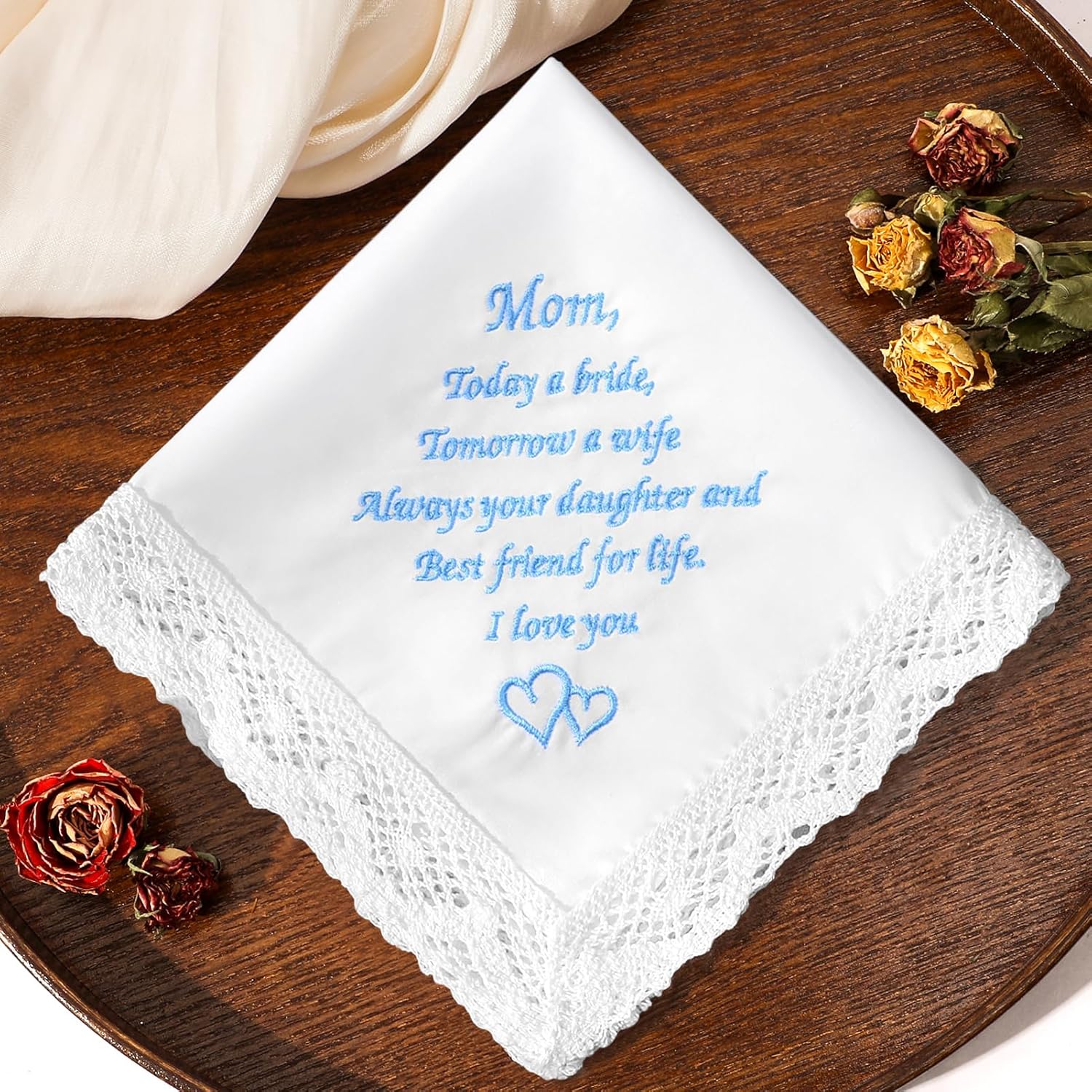 Wedding Handkerchiefs Something Blue for Bride, Mother Of The Bride Gifts Embroidered Lace Keepsake Bridal Hankies - Image 6