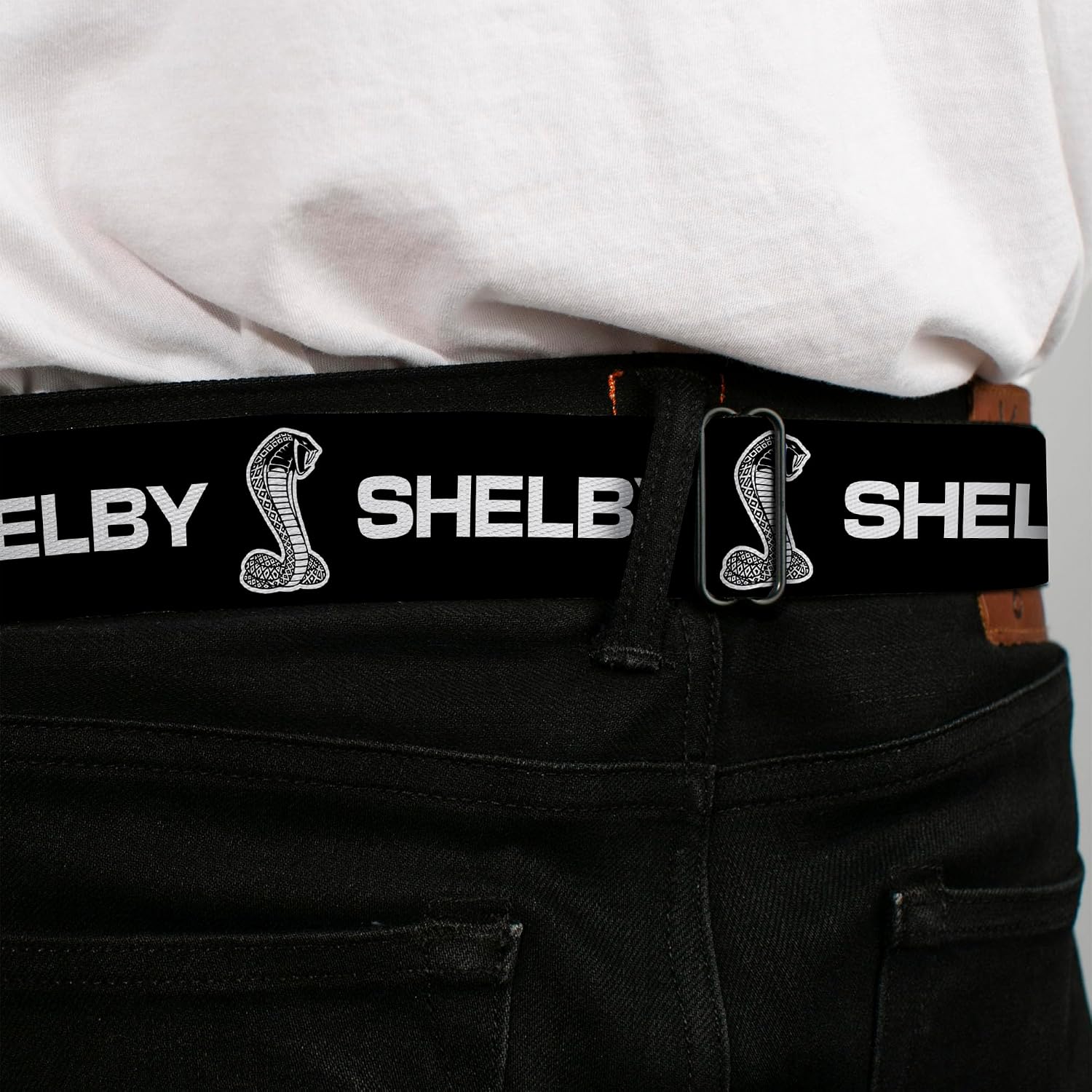 Carroll Shelby Belt, Seatbelt Buckle Belt, Carroll Shelby Super Snake Cobra Black White, Adjustable