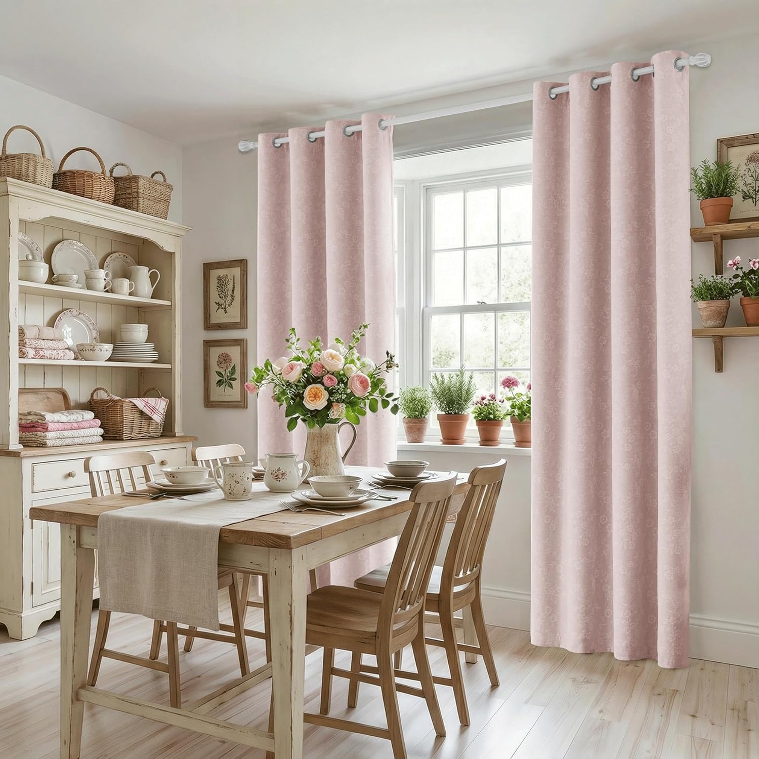 Beauoop Pink Floral Jacquard Blackout Curtains 96 Inches Long 2 Panels for Living Room Bedroom Chenille Flower Room Darkening Thermal Insulated Soundproof Grommet Window Drapes, 52x96 Set of 2