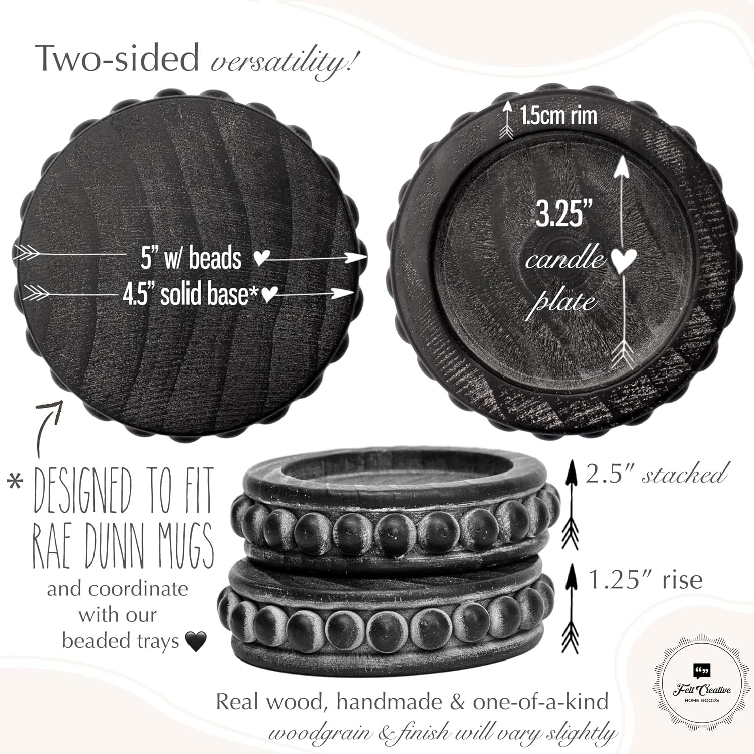 Rustic Wood Beaded Pedestal Tray Decor Riser Bundle: Kitchen Counter Organizer, Coffee Bar Table, Plant Stand (Black Woodgrain)