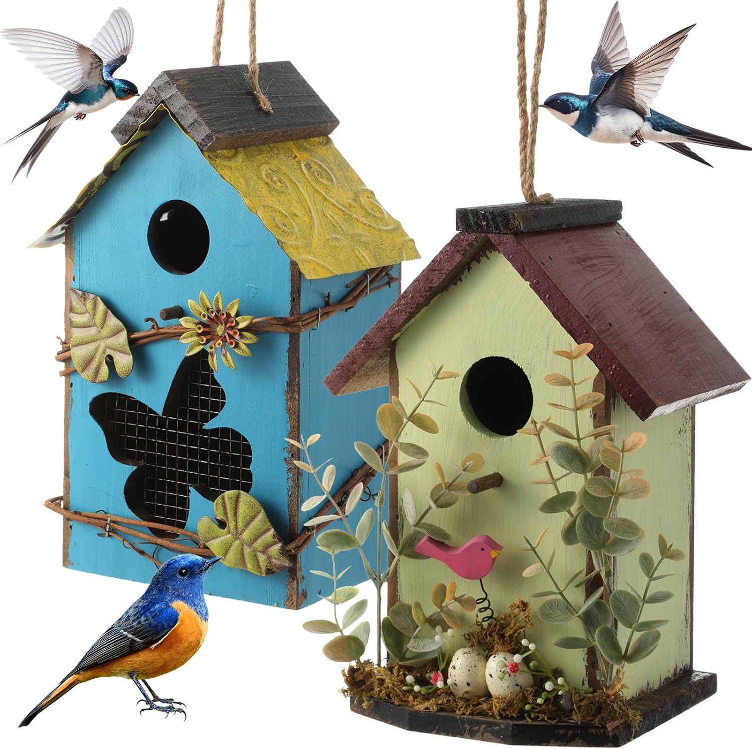 2 Pcs Birdhouses for Outdoor Hanging Yard Outside Wooden Birdhouse Hand Painted Bird Box for Bird Lovers Bluebird Tree Garden Decor Decorative Birdhouse(Pink,Yellow,Iron Roof)