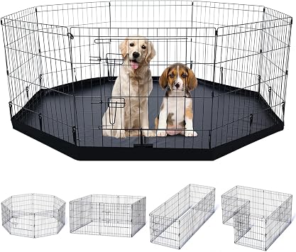 Folding Dog Playpen Indoor with Door Dog Playpen Metal Small Animal Kennels,8 Panels 24 "W x 24 "H for Indoor/Outdoor Small Medium Pet Yard with Bottom Pad