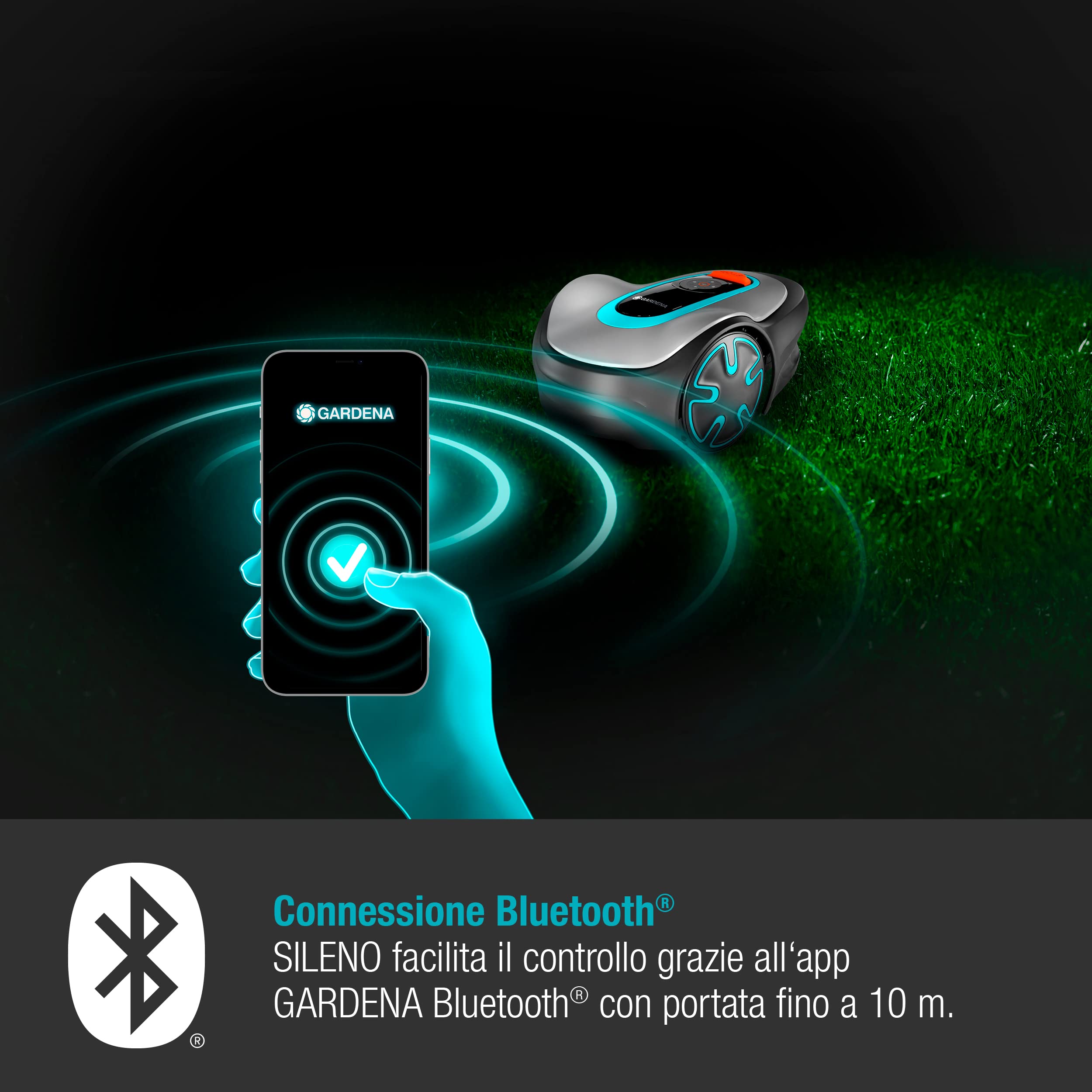 Gardena Robot Rasaerba Sileno Minimo, per Superfici Fino a 500 mq, Pendenza Fino a 25%, Controllo Via App Bluetooth, Altezza di Taglio 20-45 mm, Adatta I Tempi di Taglio Alla Crescita (15202-34)