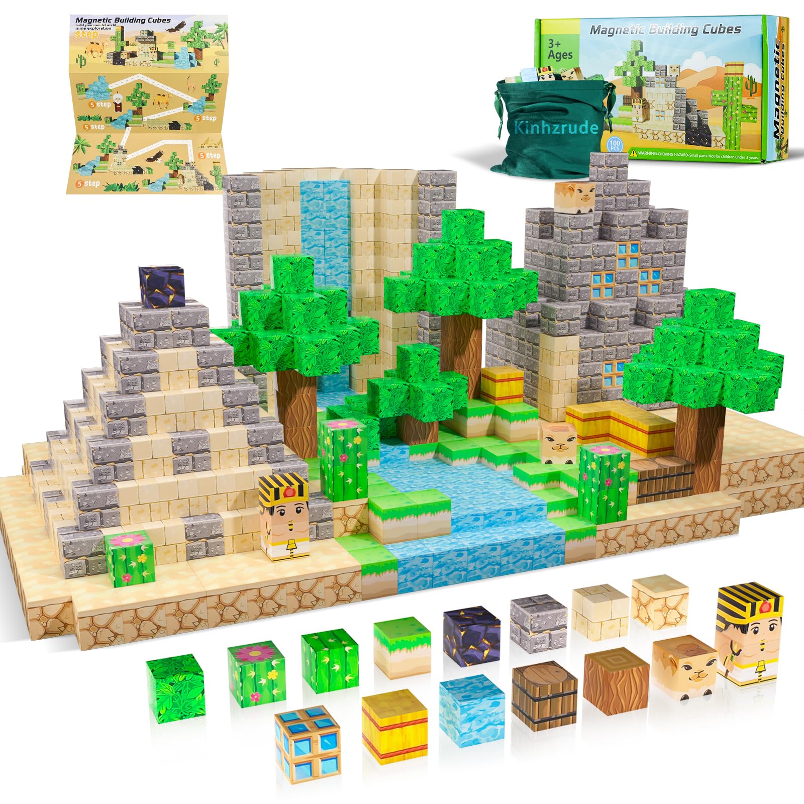 Kinhzrude Magnetic Blocks - 100PCS Magnetic Toy Set, STEM Montessori Sensory Toys for 3+ Year Old Boys & Girls, Creative Construction Toys Gift for