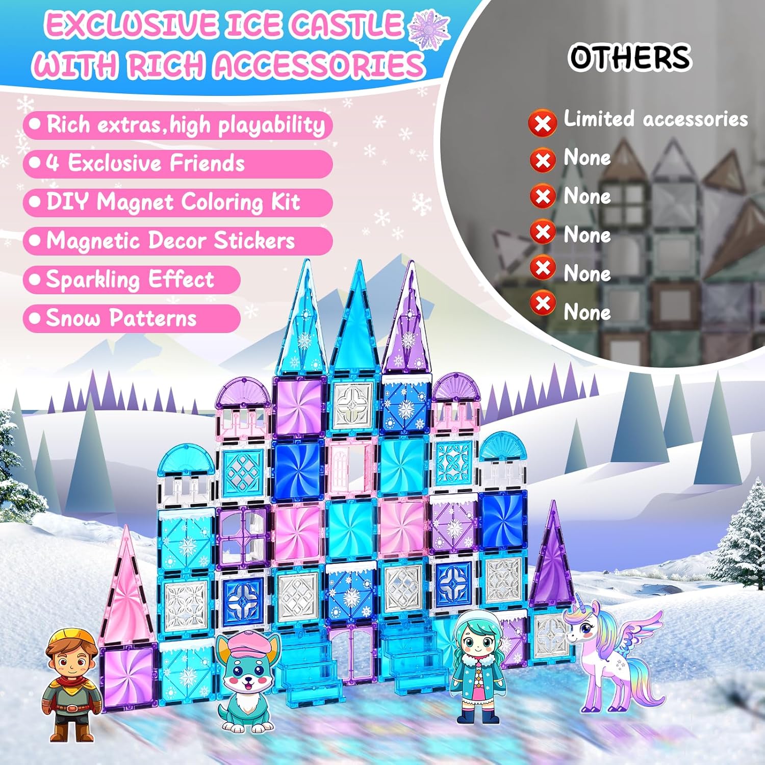 Princess Castle Magnetic Tiles 112PCS with 4 Dolls 2 Stairs & Magnetic Art Decors Kit, Diamond Blocks Magnet Tiles for Kids 3-5 4-8-12, Magnet STEM Princess Toys for 3 4 5 6 7 8+ Girls Kids Xmas Gifts