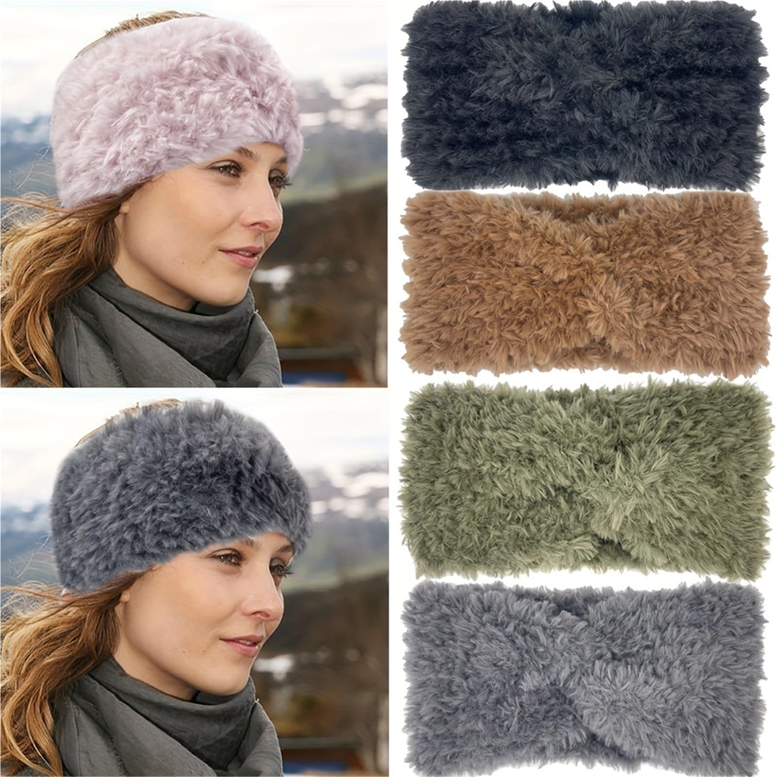 2 pièces hiver chaud épais fourrure bandeau moelleux fausse femmes fille croix chapeau en plein air cache-oreilles Ski chapeaux Pour Hiver(Khaki)