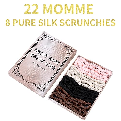 Miniatura 2 de Juego de 8 piezas de coleteros de seda de morera 100% pura, para mujeres y niñas, cabello rizado, grueso, fino, de satén negro, lindo para dormir