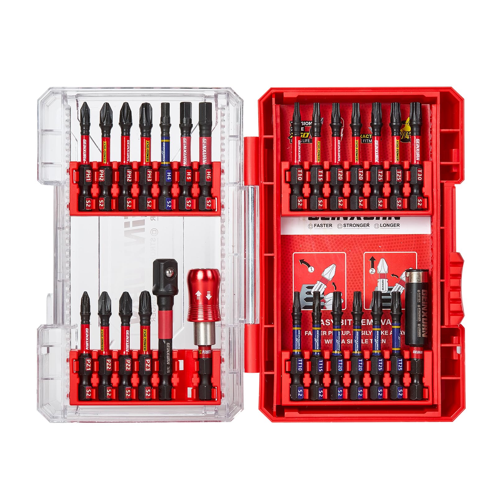 Geinxurn 27 Pieces Impact Screwdriver Bits Set, Magnetic S2 Steel Phillips/Pozidriv/Hex/Torx Insert Power Bits Tips Impact Bit Holder and Impact Socket Adapter with Red Storage Box Case