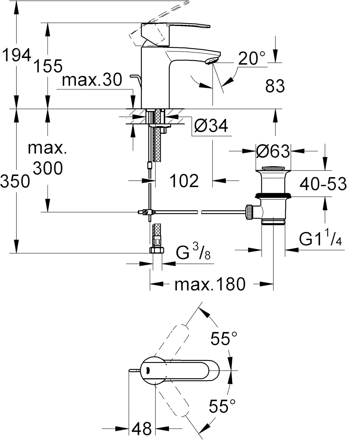 GROHE 23231000 Wave Cosmopolitan Tap Mixing Valve with 1 Nozzle for Bathroom Sink 1/2-Inch Pipe