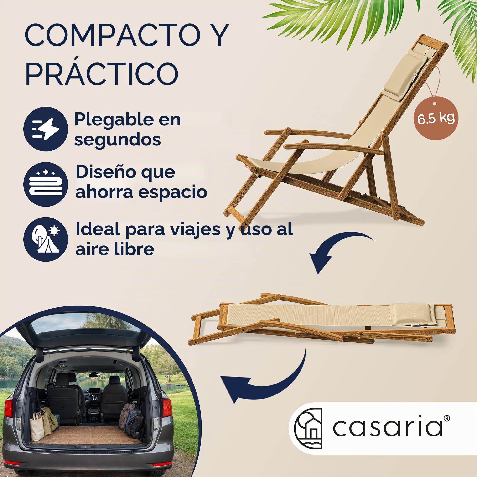 CASARIA® Tumbona Silla de Madera de Acacia Plegable 3 Posiciones Carga 160KG 94x94x60cm Sillas Jardín Playa Transpirable Hamaca Mueble Camping Exterior Beige Reposabrazos
