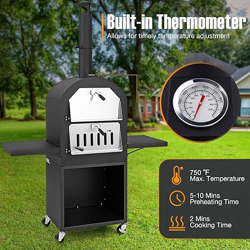 Miniatura 3 de Horno de pizza al aire libre, horno de pizza de madera de 2 lados con piedra para pizza de 12 pulgadas, cáscara de pizza y cubierta impermeable,