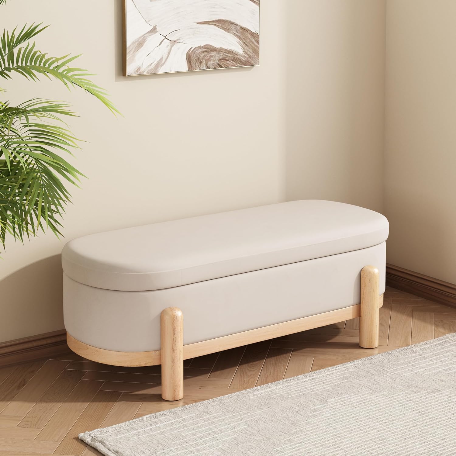 Christopher Knight Home Daggy Upholstered Ottoman with Storage for Living Room, Faux Leather Modern Storage Ottoman Foot Rest, Bedroom Oval End of Bed Bench with Wooden Frame, Beige