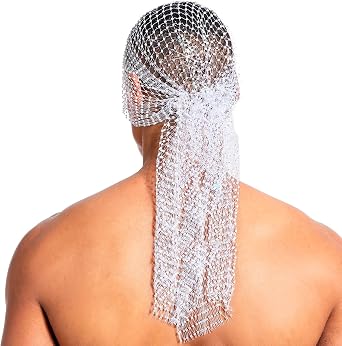 Mens Rhinestone Mesh Durag Head Wrap with Long Tail Sparkly Crystal See Through Bandana Cap Skull Cap Headpiece
