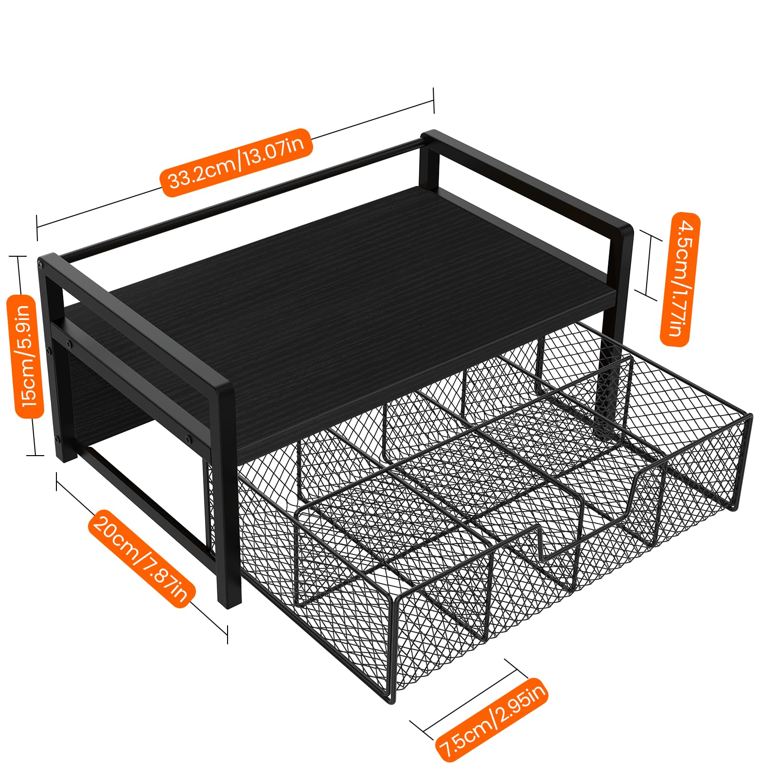 Homode Teebeutel-Organizer aus Holz, Teebeutelhalter mit Schublade, Tee-Organizer und Aufbewahrungsbox, 8 Fächer, Teedose, Truhen, Präsentationsbehälter für Theke, Küche, Schwarz