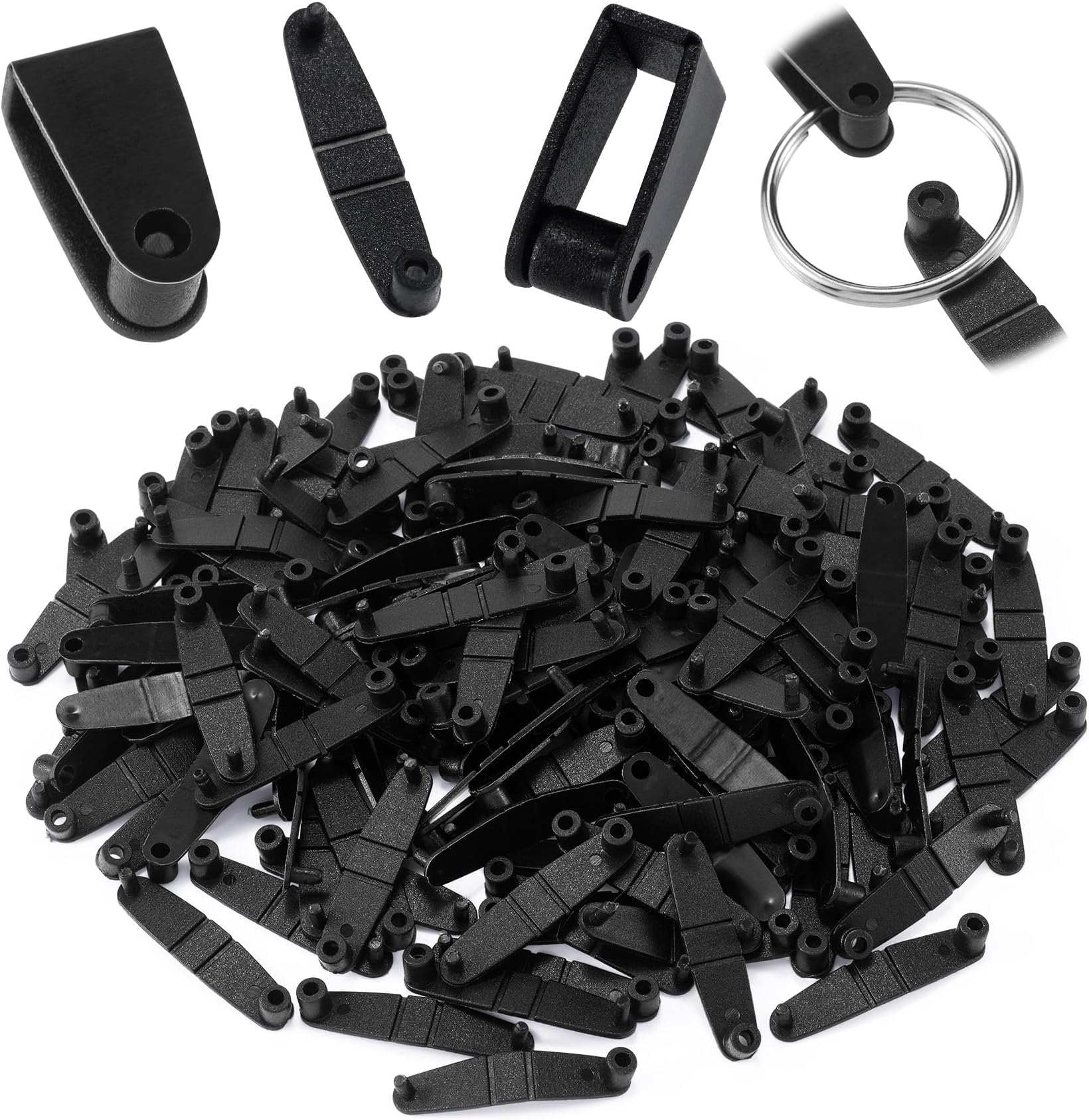 OIIKI 200Pcs Plastic Keychain Clips, Black Keychain Connector Snap Tabs, Badge Strap Clips for Card Holder, Keys Rings, Cards, Jewelry Making Crafts