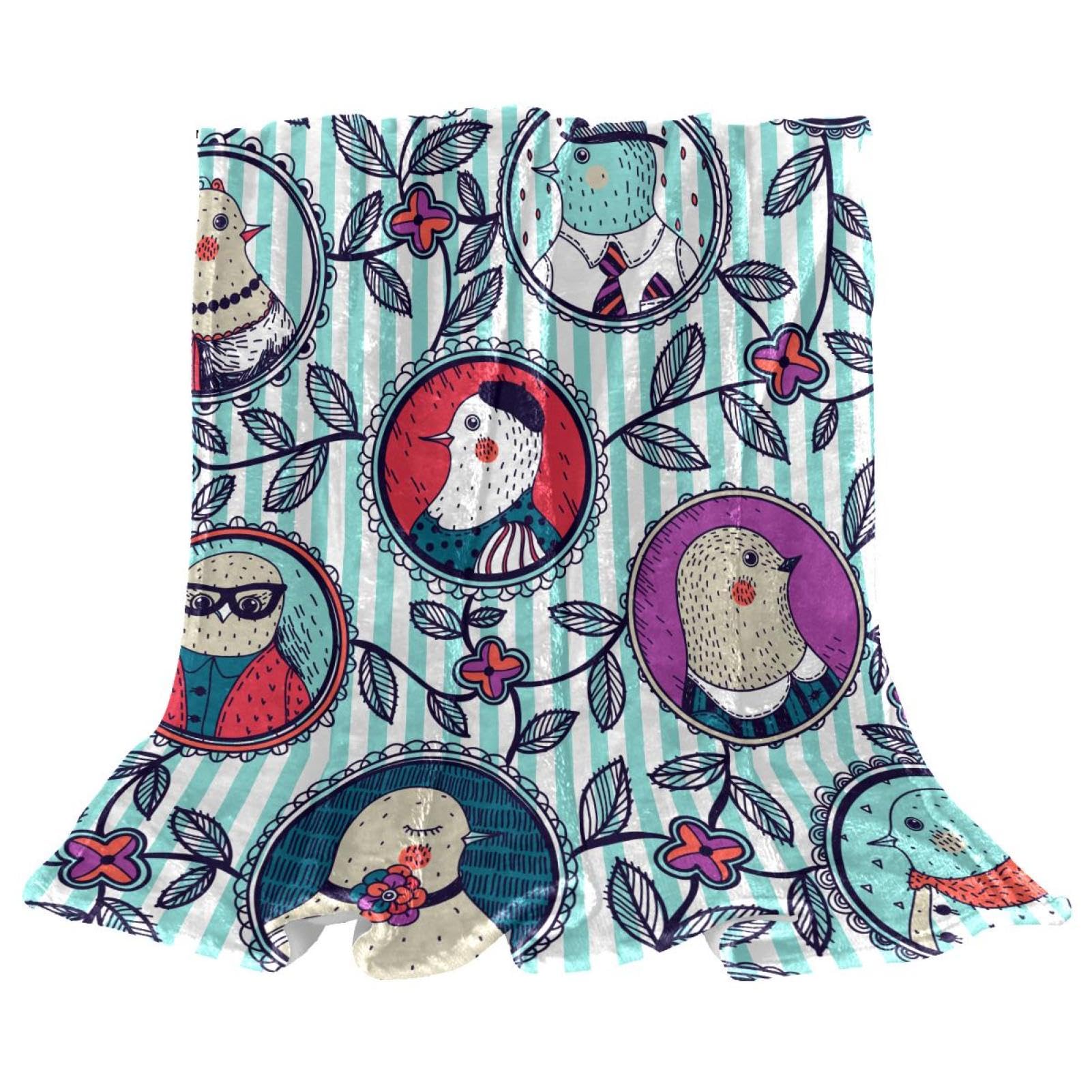 Couverture de lit polaire fleurs et oiseaux pour chambre salon et bureau 150x100cm