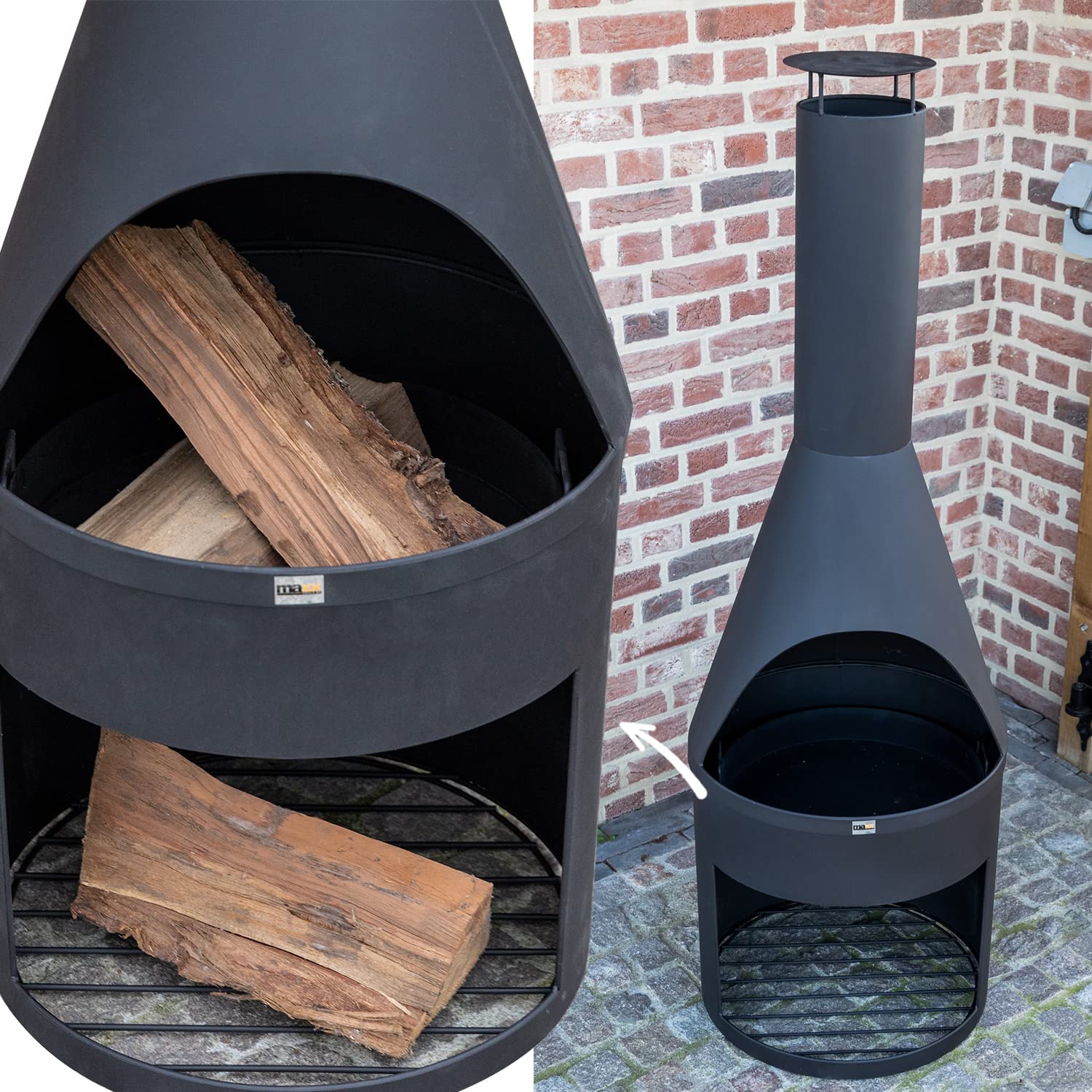 MaxxGarden Gartenkamin - Terrassenofen Außen - Feuerstelle - Terrassenkamin - Mit Brennholzablageort - Mit Stahlgitter - 45x45x135cm - Schwarz