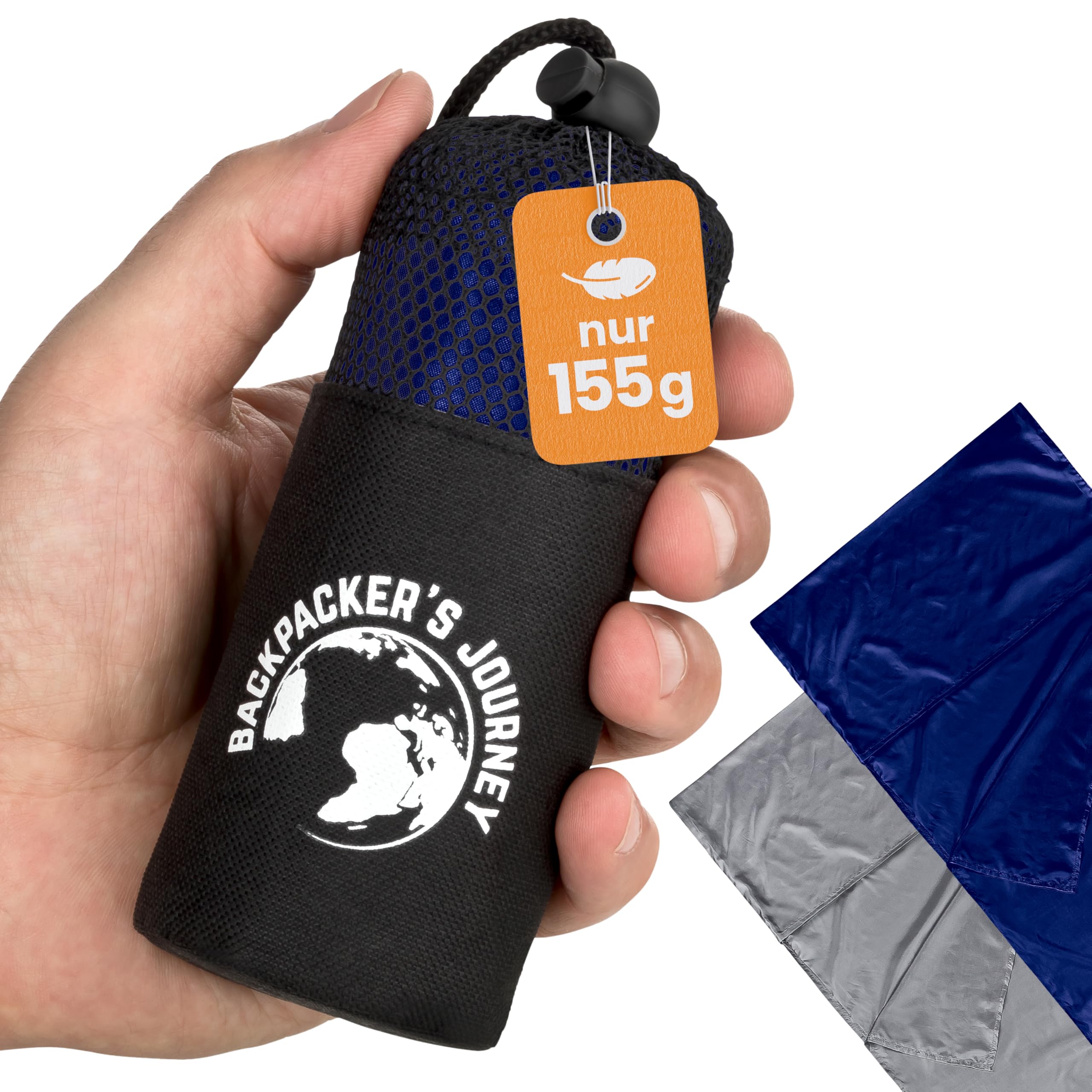 Backpacker's Journey Hüttenschlafsack (nur 168g), ultraleichter und platzsparender Reiseschlafsack aus Polyester. Ideal für Backpacking, Hostels und Hütten (90 cm, blau)