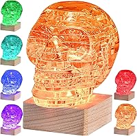 Vista 7 de Rompecabezas de cristal de calavera 3D, rompecabezas de cráneo con base de madera iluminada para decoraciones de Halloween al aire libre, bloques