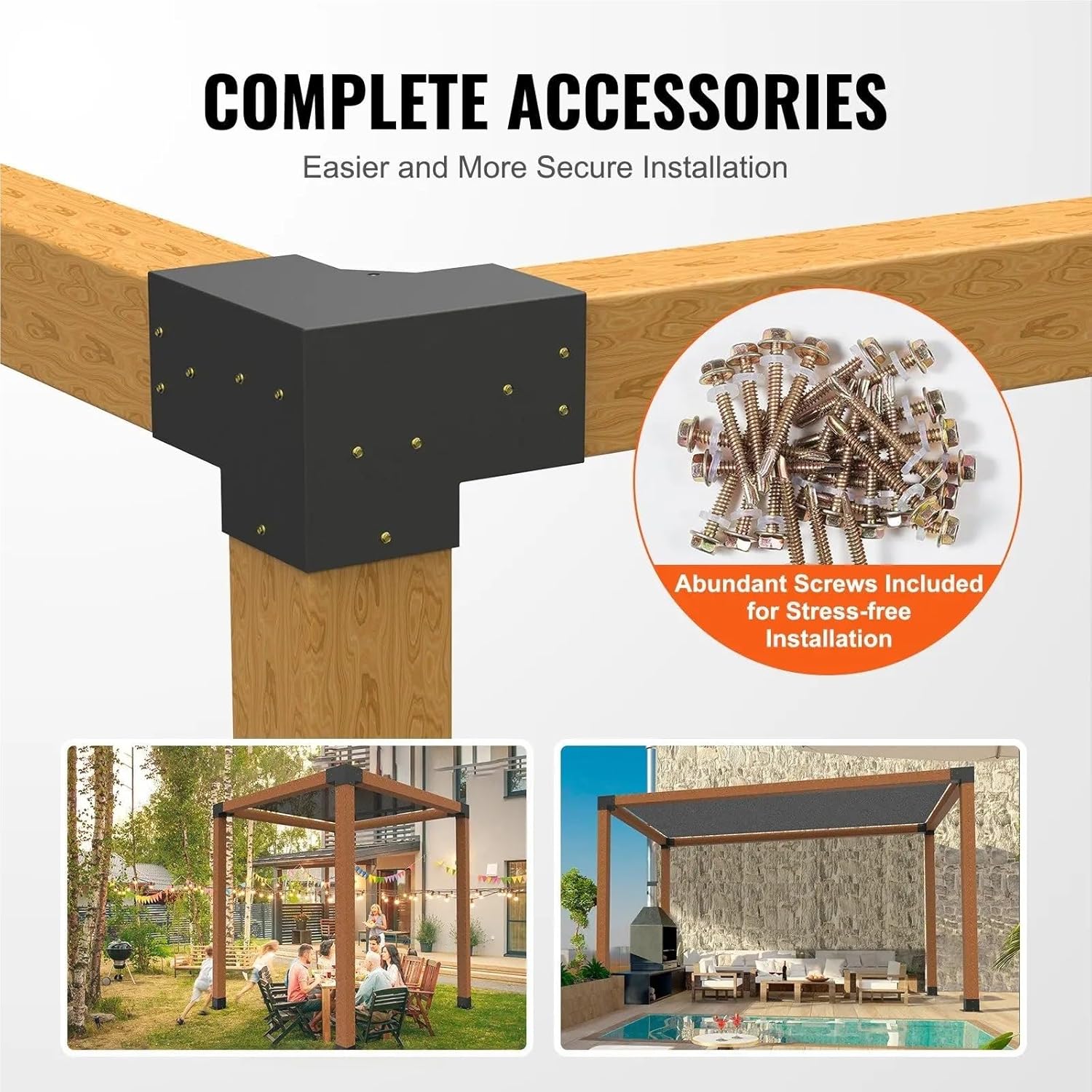 Pergola Bracket Kit 6''x6'', 4pcs 3-Way Heavy Duty Corner Bracket Woodworks DIY Post Base Kit, Easy Installation Wooden Beams f