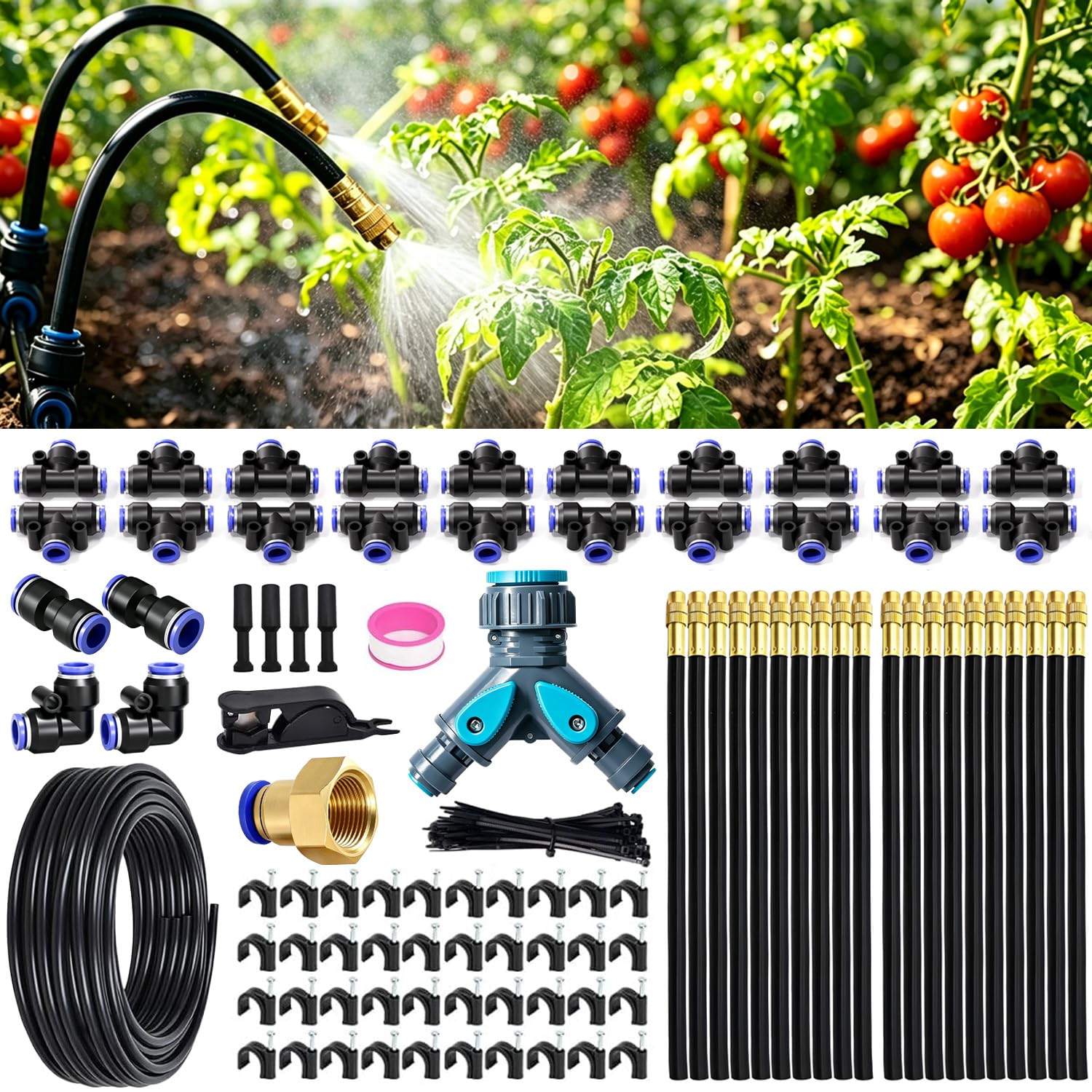 Bewässerungssystem Garten, 20m Schnellanschluss-Tröpfchenbewässerung-Set, ausgestattet mit 20 drehbaren 360°-Messingdüsen, automatische Bewässerungssystem Garten, für Gewächshaus, Rasen, Hochbeet