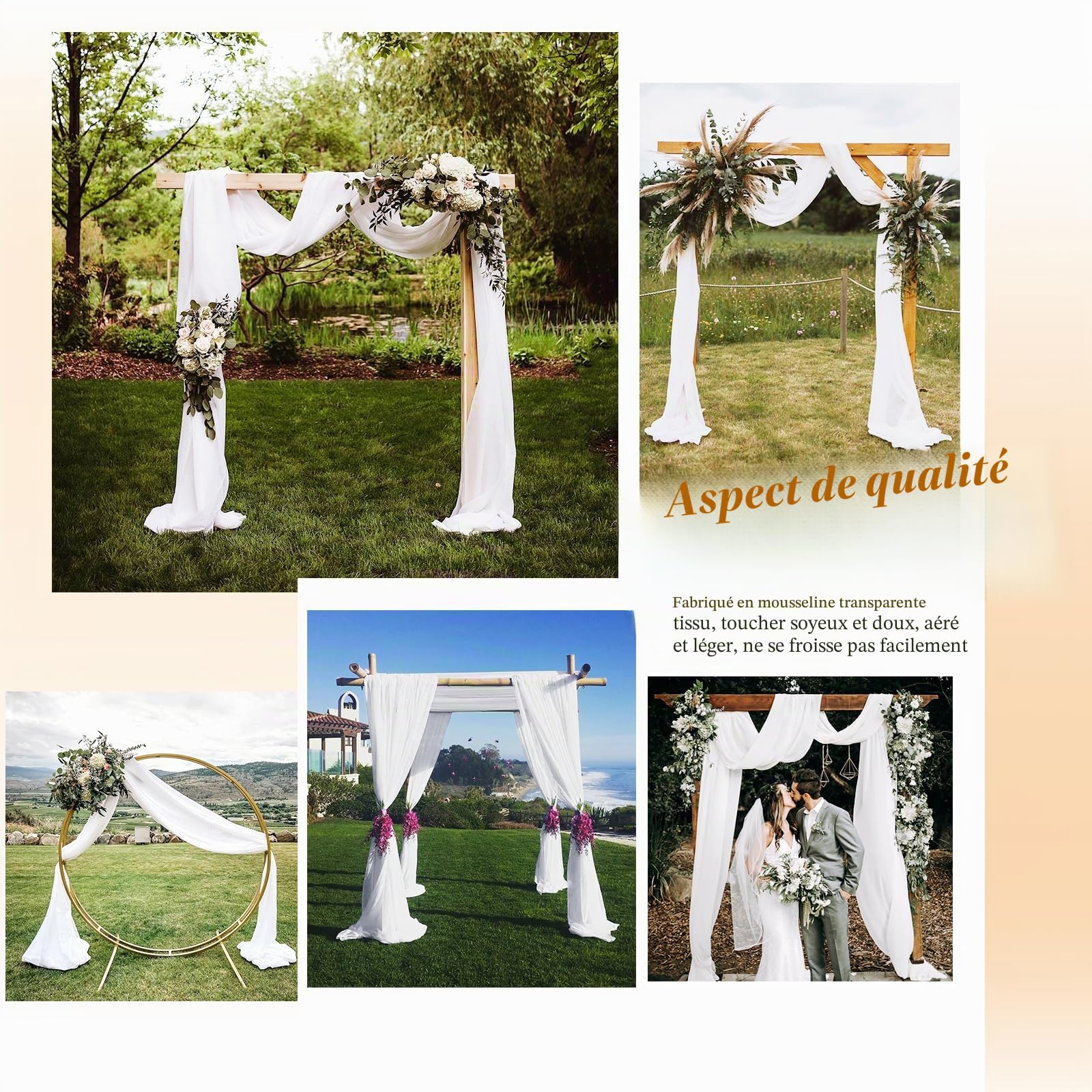 Lot de 4 panneaux de tissu drapé pour arche de mariage, 73 cm x 6,1 m, blanc pour arche de mariage, décoration de cérémonie, arche de scène, église, fête, décoration de plafond