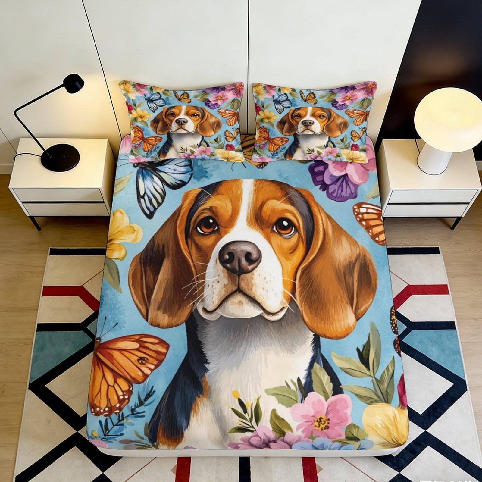 3D Printed Beagle Dog Butterfly Fitted Sheet Microfiber Soft Floral Bed Cover for Bedroom Guest Room Decor 180x200x25cm