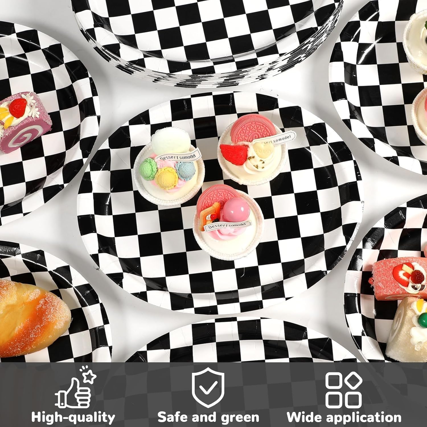 Qyeahkj 50 PCS Black and White Plaid Oval Paper Plates Large 11" Disposable Racing Car Party Decorations Black Checkered Supplies Favor for BBQ Picnic Birthday Party Tableware Set - Image 3