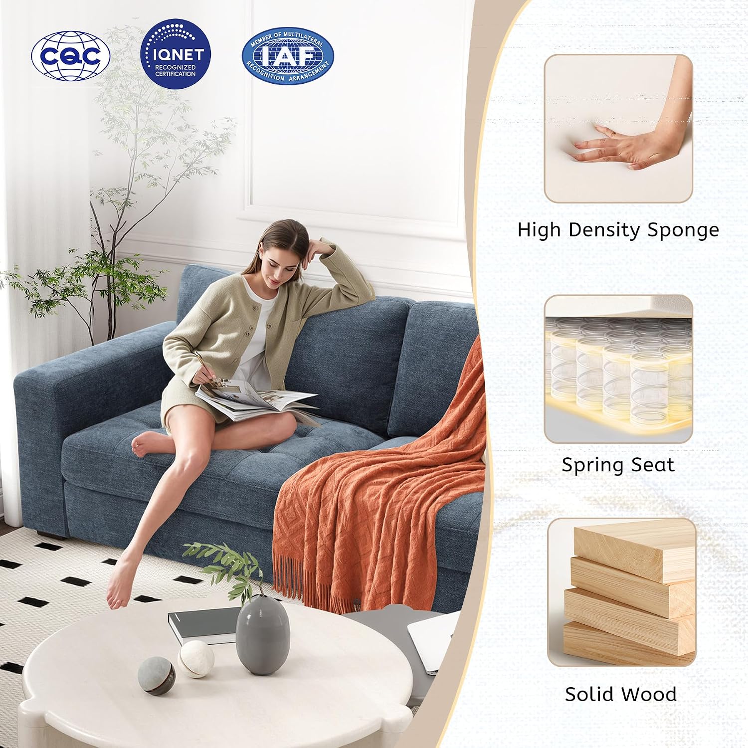 Urhanherry Modern Sofa 3-Seats Couches for Living Room, Chenille Loveseat with USB/Type-C Port, Side Pocket, Recliner Small Sofa, Comfy Couch Easy to Install (89 inch, Blue)